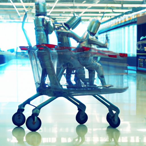 people in a supermarket trolley pushed by a robot