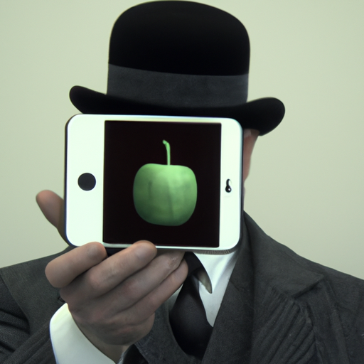 a man in a suit in a bowler hat with an apple phone in front of his face