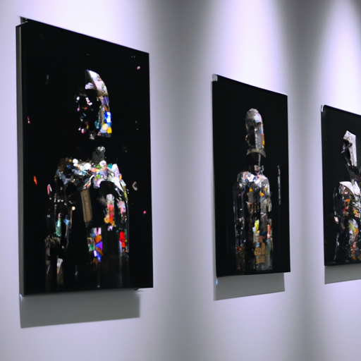 an AI art gallery displaying AI art on the walls with AI robots veiwing the art